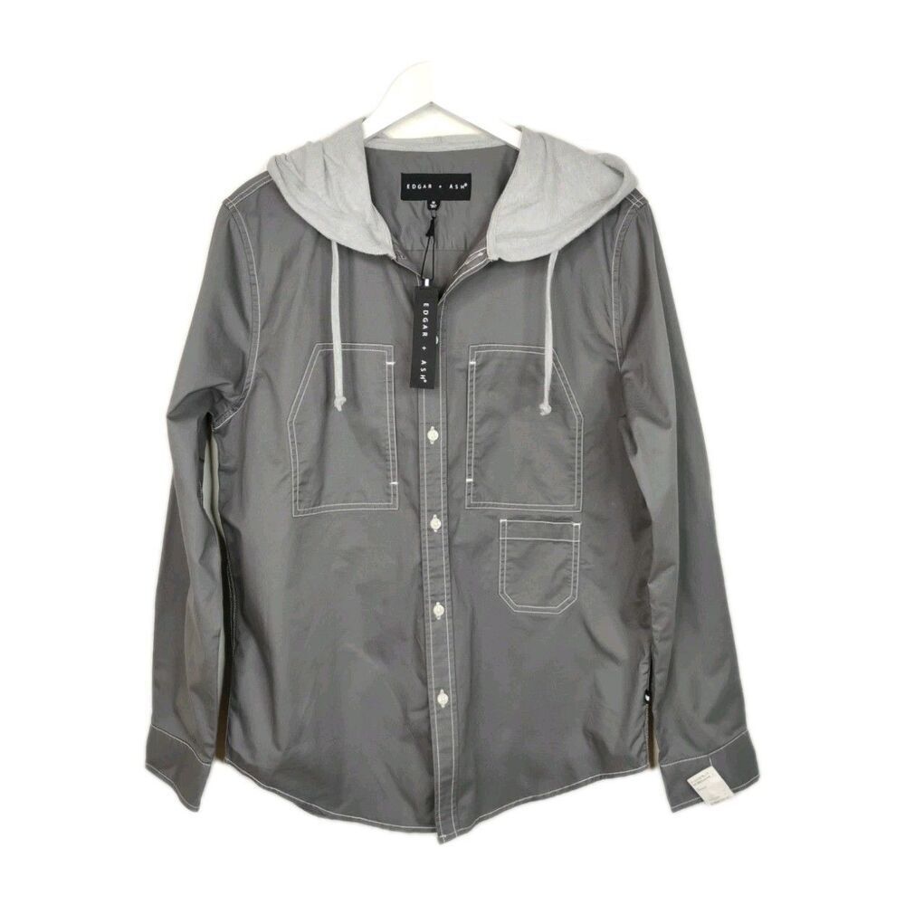 Edgar + Ash Casual Button Up Shirt Hooded Mens Size M Gray Cotton Pockets NEW
